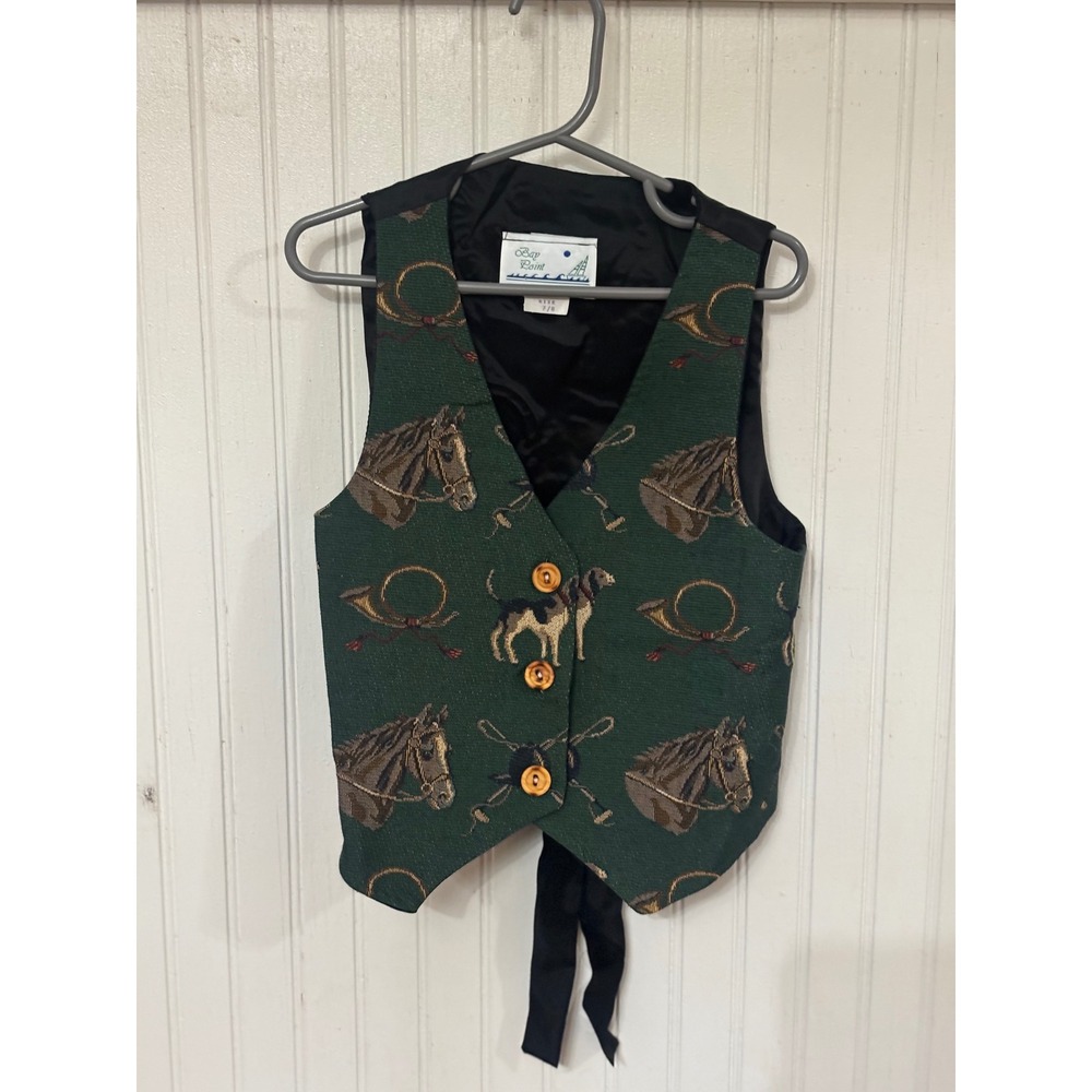Kids Bay Point‎ Horse Dog Horn Tapestry Vest Green Button Front Size 7/8 Vintage